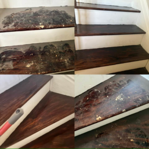 Professional before and after cleaning of a wooden staircase by Starr's Sparkling Cleaning in St. Louis, MO