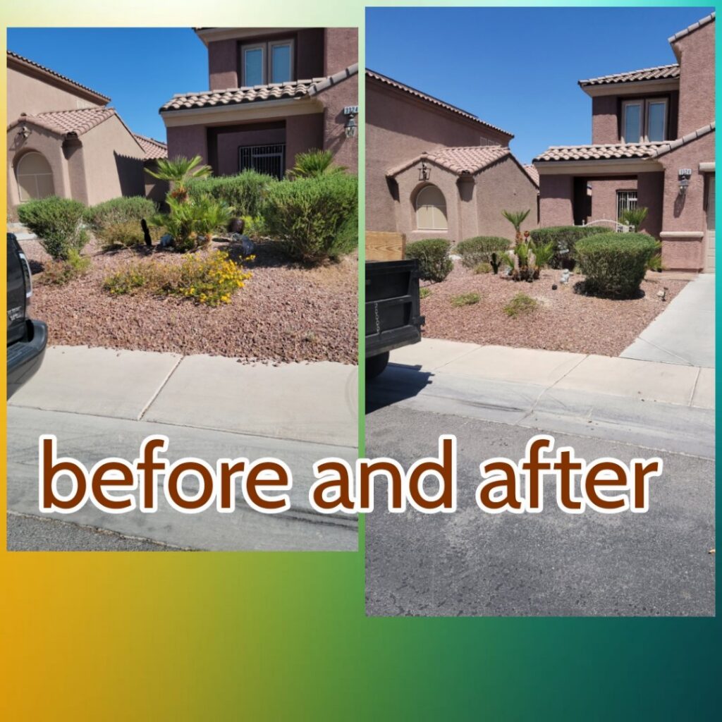Before and after of a front yard cleanup and landscaping project by Daniel's Lawn Care services in Las Vegas, NV.