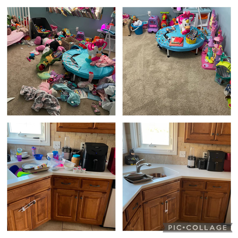 Before and after photos showing a messy child's room and kitchen cleaned by Kelli's Housekeeping in Topeka, KS