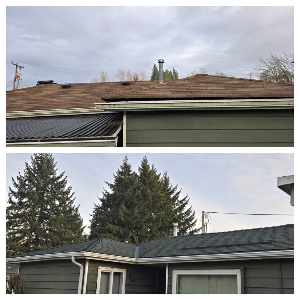 Before and after view of a home's siding replacement by High Performance Homes in Vancouver, WA