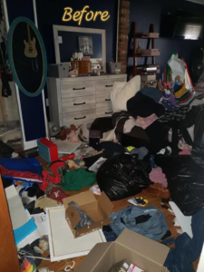 A messy bedroom before professional cleaning by Pristine Cleaning Co. in Jonesboro, AR.