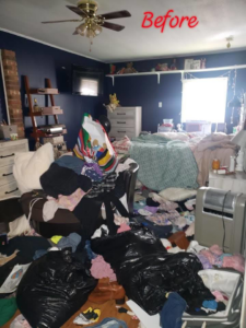 A cluttered bedroom before professional tidying by Pristine Cleaning Co. in Jonesboro, AR.