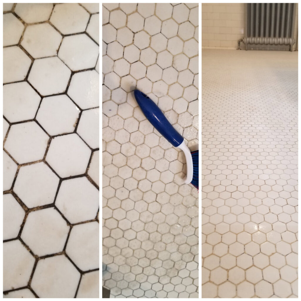 Before, during, and after photos showing hexagonal floor tiles and grout being cleaned by Home In Hand Cleaning Service in Concord, NH.