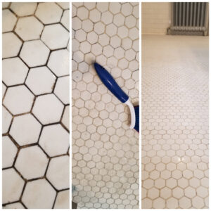 Before, during, and after photos showing hexagonal floor tiles and grout being cleaned by Home In Hand Cleaning Service in Concord, NH.
