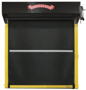 A black commercial roll-up door with yellow safety guides, a product offered by Overhead Door Company of Mid-Ohio Valley in Parkersburg, WV.