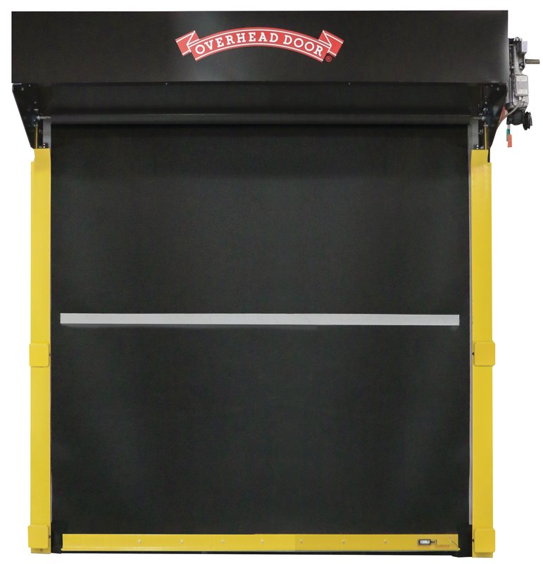 A black commercial roll-up door with yellow safety guides, a product offered by Overhead Door Company of Mid-Ohio Valley in Parkersburg, WV.