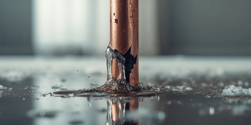 A burst copper pipe leaking water, indicating a water damage issue, handled by Healthy Interior Solutions in Fishers, IN.