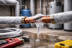 A burst frozen pipe with ice and dripping water, indicating water damage repair by Olive Branch Plumbing Co in Olive Branch, MS.