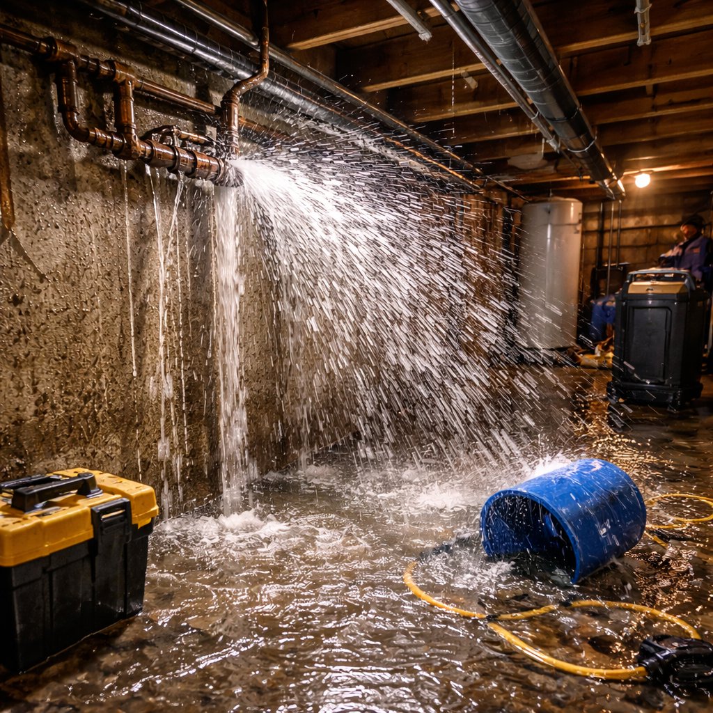 A burst pipe causing severe flooding in a basement, requiring water damage restoration from Seco Water Damage Restoration in Sterling Heights, MI.