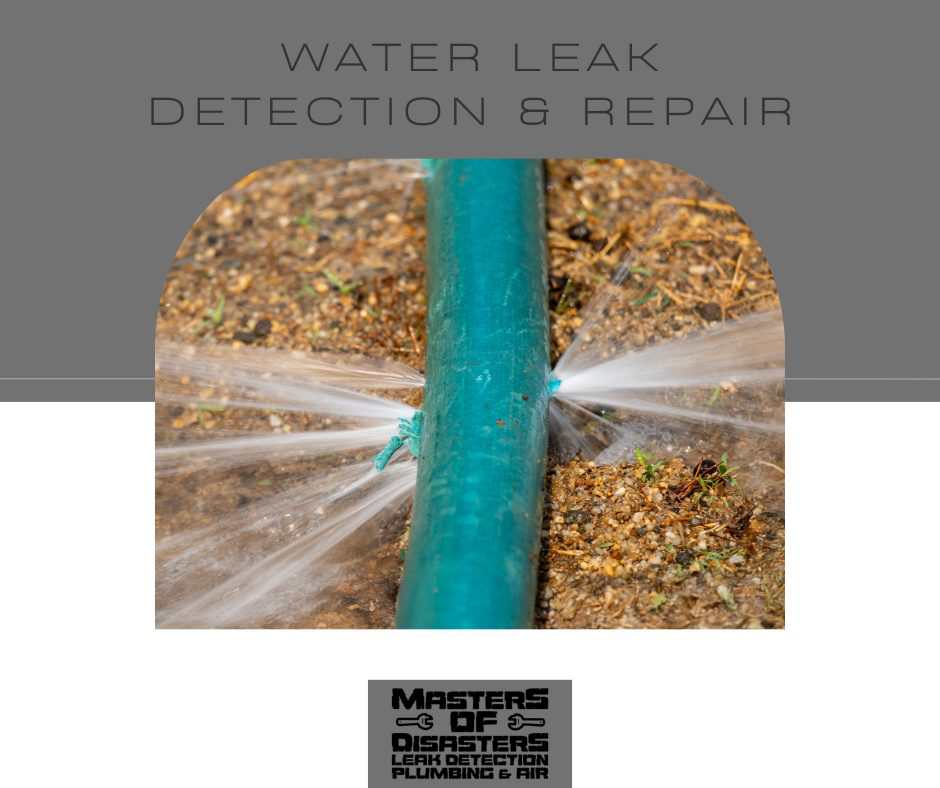 A burst pipe leaking water, indicating a water leak detection and repair job by Masters of Disasters in Springdale, AR