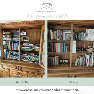 Before and after of a cabinet with books and items neatly organized by Consciously Cleared & Contained LLC in Elsmere, DE.