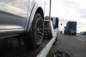 A car being towed on a flatbed tow truck by Leos Towing Service on a highway in Anaheim, CA.