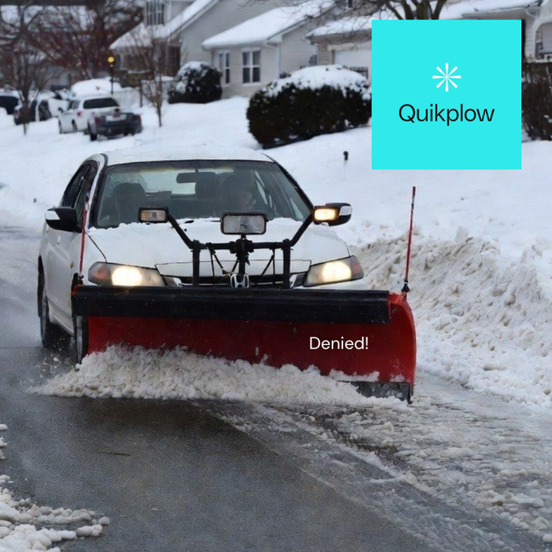 A white car equipped with a red snow plow clearing snow from a street, representing QUIKPLOW in Grand Rapids, MI.