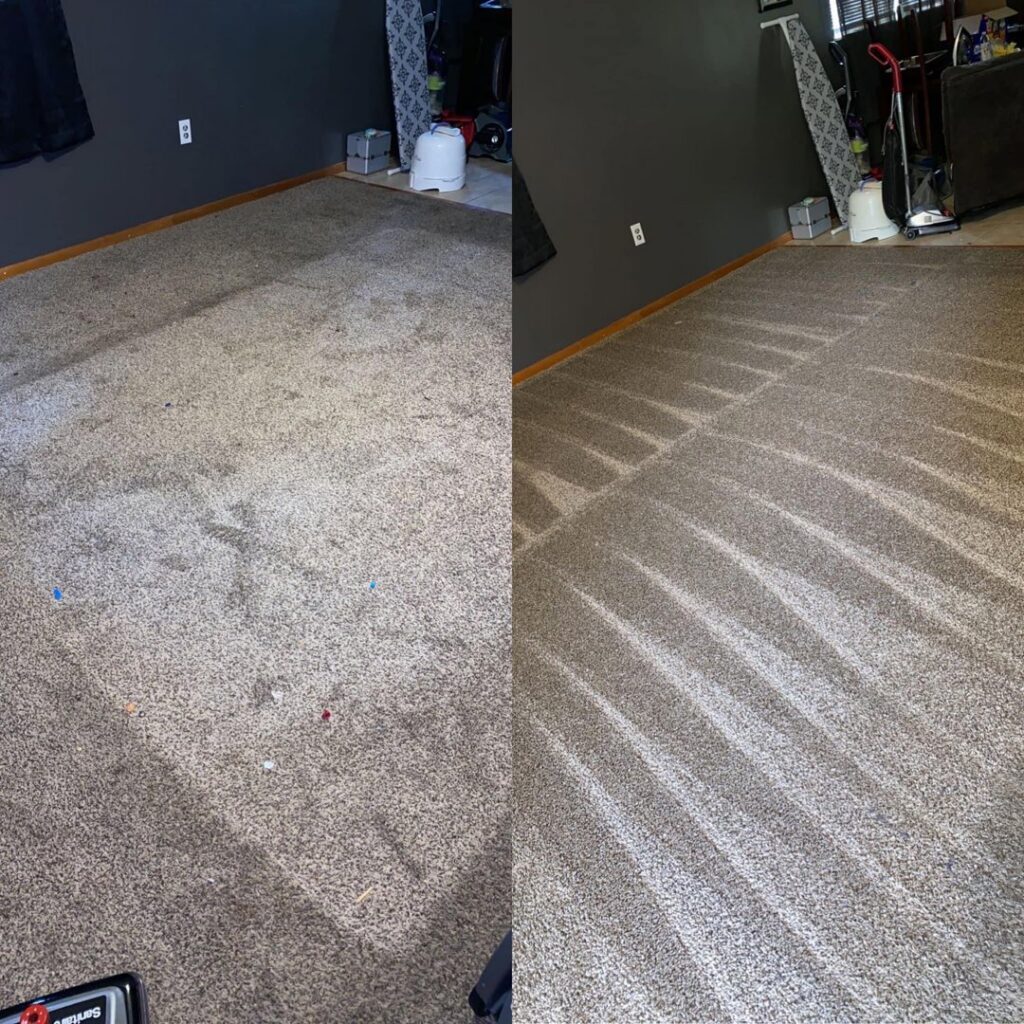 Before and after comparison of a dirty carpet showing professional cleaning results by Perfections Quality Cleaning Service in Dayton, OH.