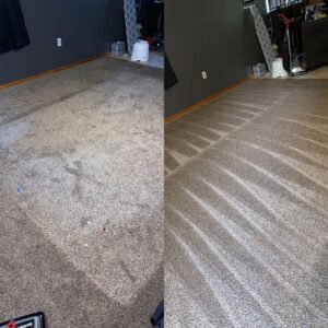 Before and after comparison of a dirty carpet showing professional cleaning results by Perfections Quality Cleaning Service in Dayton, OH.