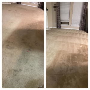 Before and after comparison of a professionally cleaned carpet by Klean Living in Lawson, Dallas, TX.