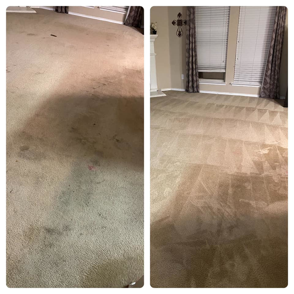 Before and after comparison of a professionally cleaned carpet by Klean Living in Lawson, Dallas, TX.