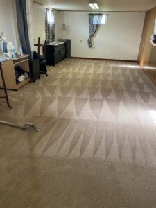 Carpet cleaning in progress, showing a clear difference between cleaned and uncleaned areas by Happy Client Cleaning Services in Fort Collins, CO.