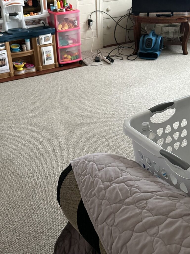 A carpeted room with an air mover in the background, indicating water damage drying by Southcoast Cleaning Solutions & Restoration in Fall River, MA.