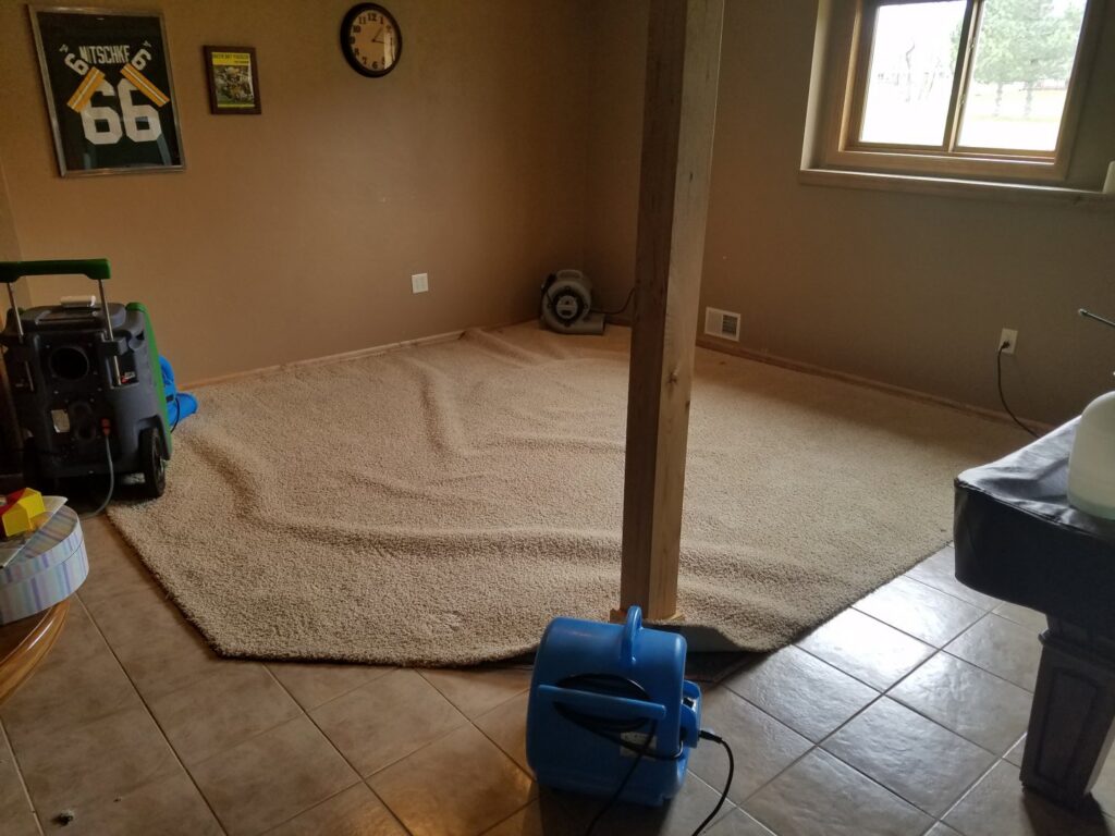 Carpet drying in a room with professional air movers and dehumidifiers, part of water damage restoration by Elite Restoration LLC in Puyallup, WA.