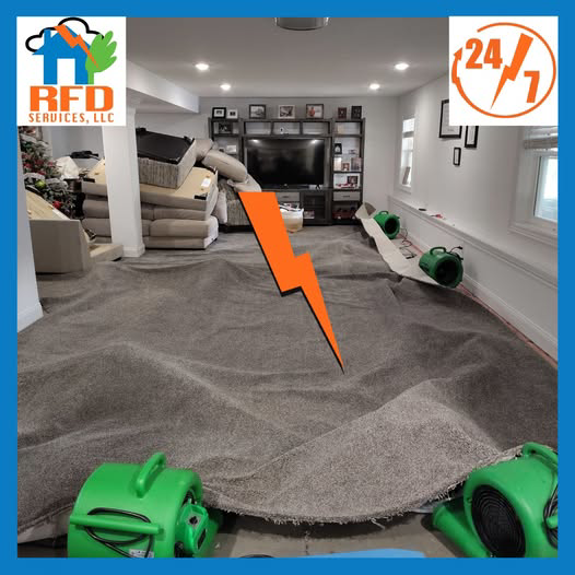 Carpet pulled back with multiple air movers drying the floor after water damage by RFD Services in Akron, OH.
