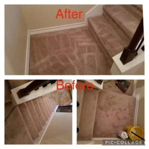 Before and after photos of carpeted stairs cleaning by Leo's Cleaners in Laredo, TX