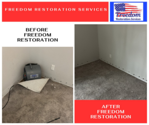 Before and after photos of carpet water damage drying and restoration by Freedom Restoration Services of NWA in Rogers, AR.