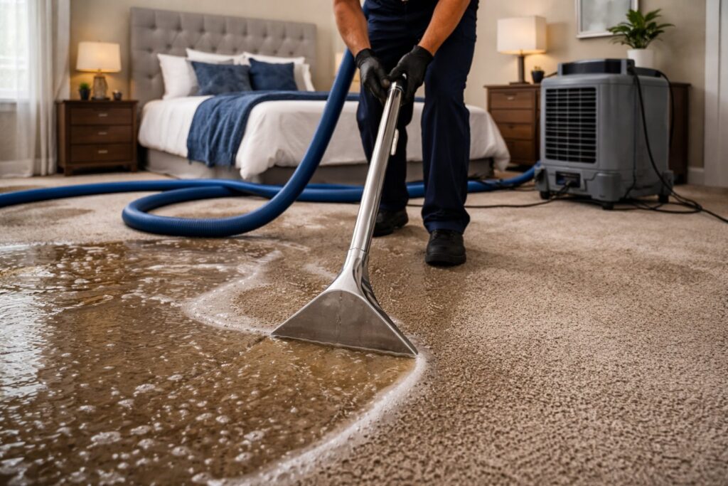 A water damage specialist performing water extraction on a flooded carpet in a bedroom for Seco Water Damage Restoration in Sterling Heights, MI.