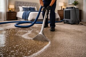 A water damage specialist performing water extraction on a flooded carpet in a bedroom for Seco Water Damage Restoration in Sterling Heights, MI.