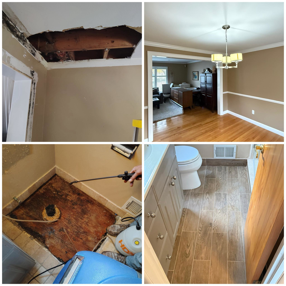 Before and after photos of ceiling and floor water damage restoration, including a worker spraying a subfloor, by H2O Pros Water Restoration Services in Westland, MI.