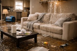 A severe ceiling leak causing flooding in a living room and kitchen area, a common water damage scenario for Seco Water Damage Restoration in Sterling Heights, MI.