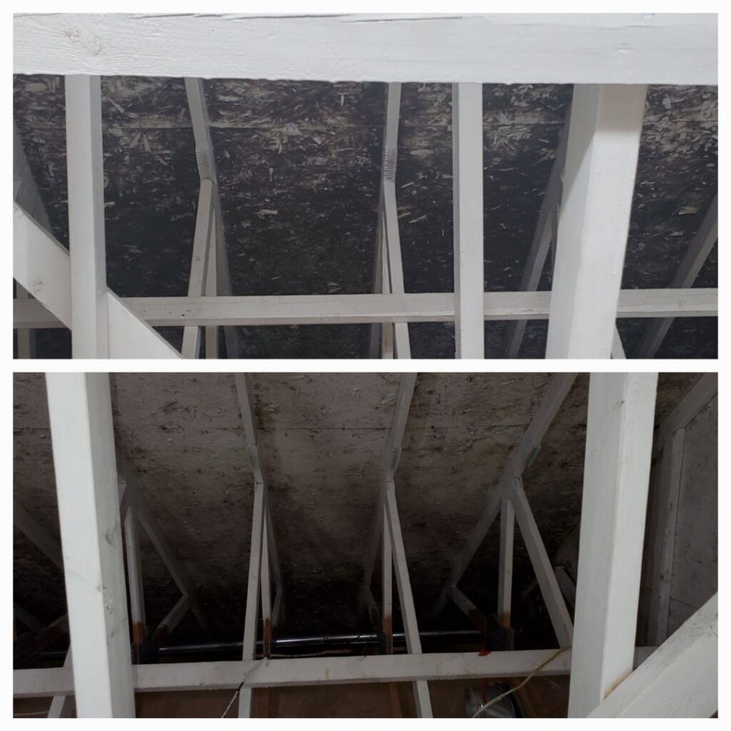 Before and after ceiling mold or water stain cleanup by Brothers Restoration, a water damage specialist in Post Falls, ID.