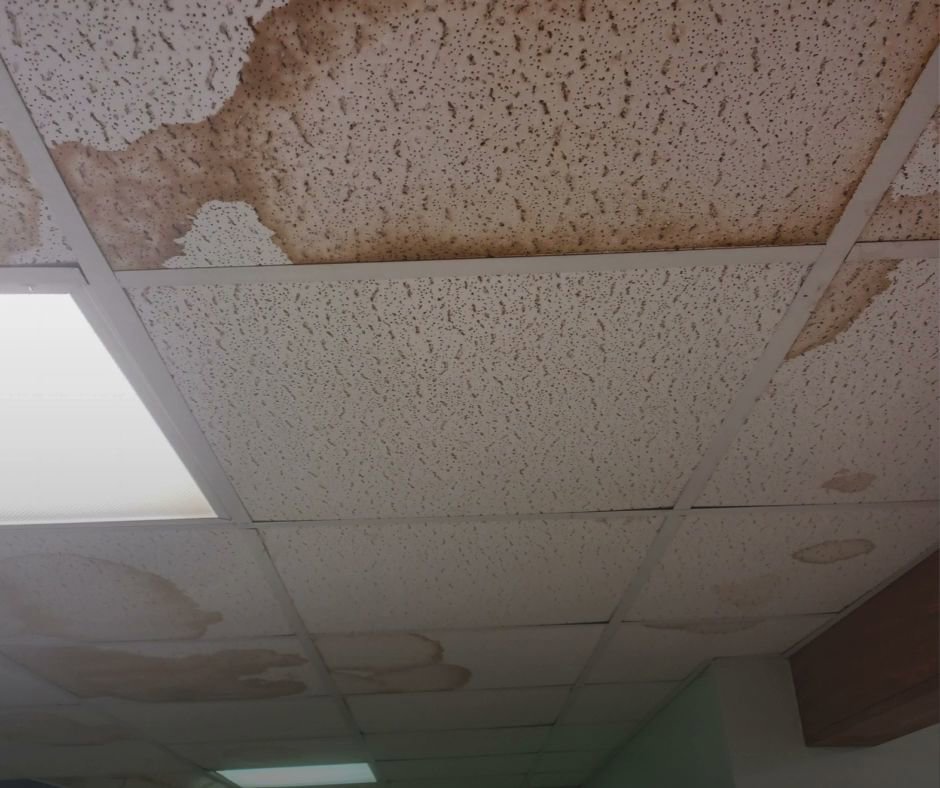 Ceiling tiles with significant brown water stains, indicating water damage remediation by PuroClean of Strafford County in Nottingham, NH.