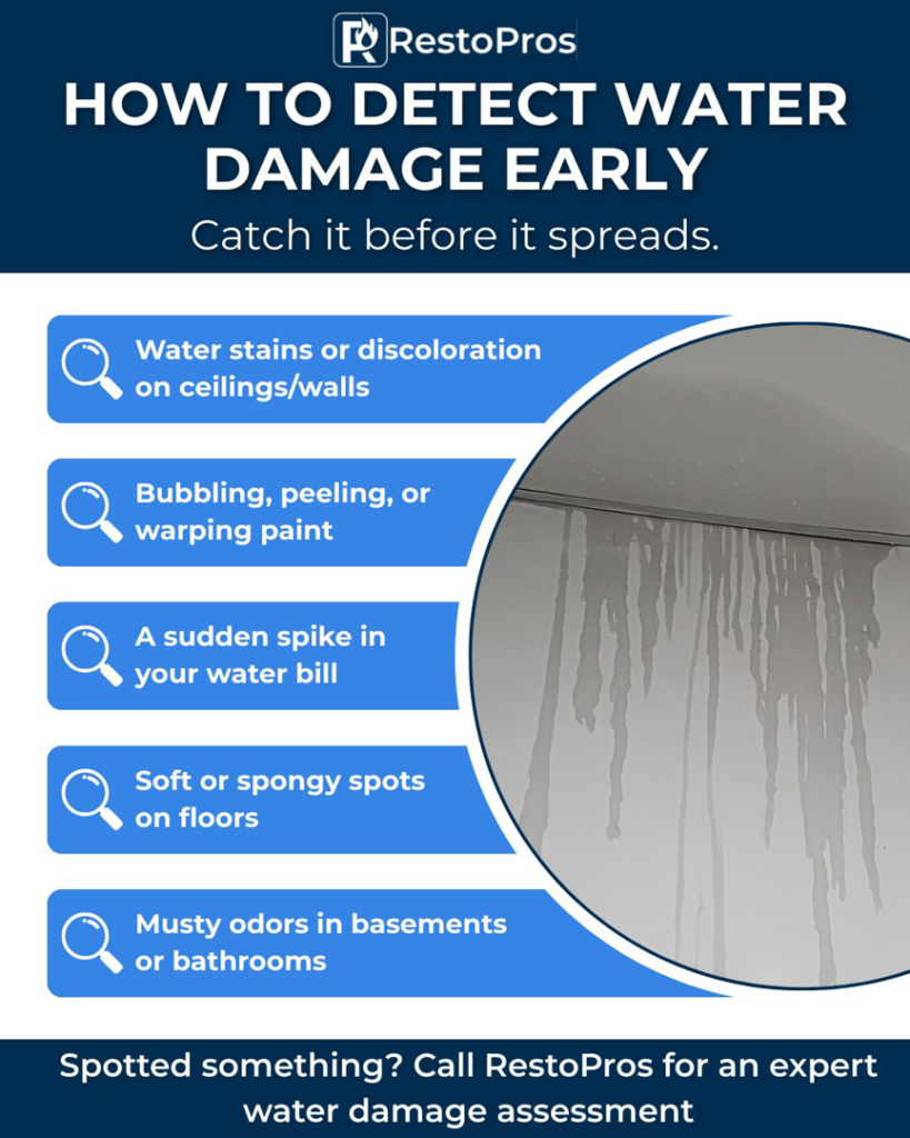 Clear signs of water damage with stains and dripping water on a ceiling in Hagerstown, MD, needing RestoPros.
