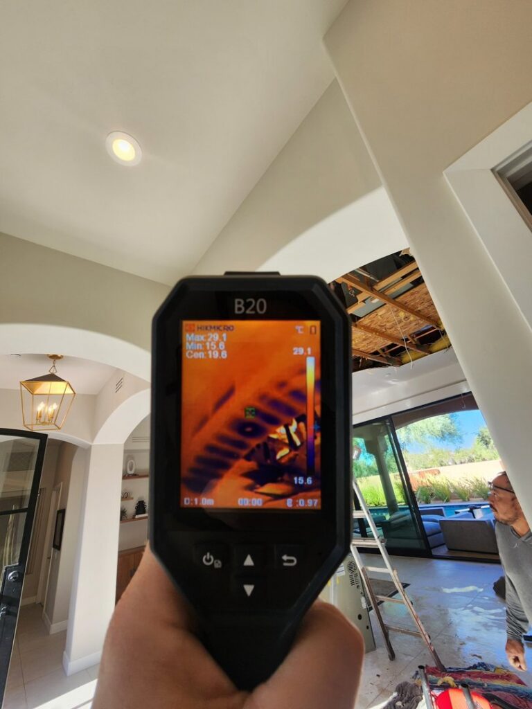 A thermal scan showing water damage in a ceiling, part of the assessment by Emergency Flood Team in Gilbert, AZ