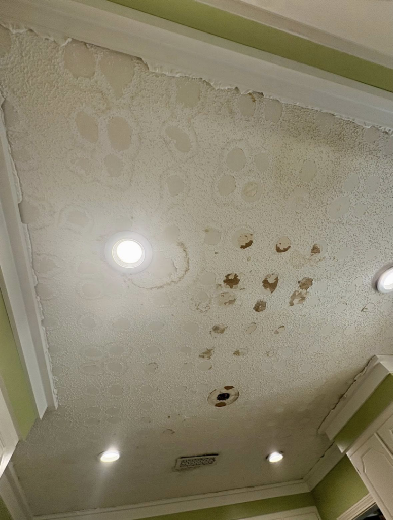 A residential ceiling showing clear signs of water damage and peeling paint, ready for repair by Whitaker Home Services LLC in Tupelo, MS.