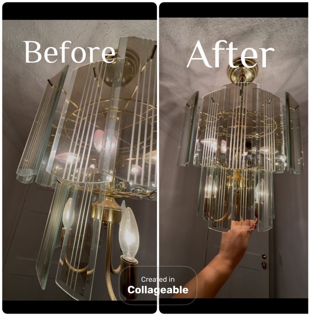 Before and after professional chandelier cleaning by DG Cleaning Solutions in Sacramento, CA.