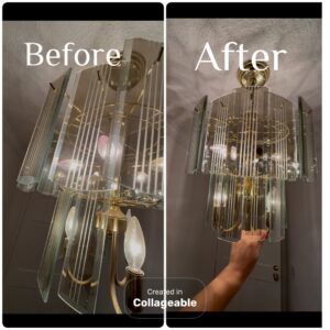 Before and after professional chandelier cleaning by DG Cleaning Solutions in Sacramento, CA.