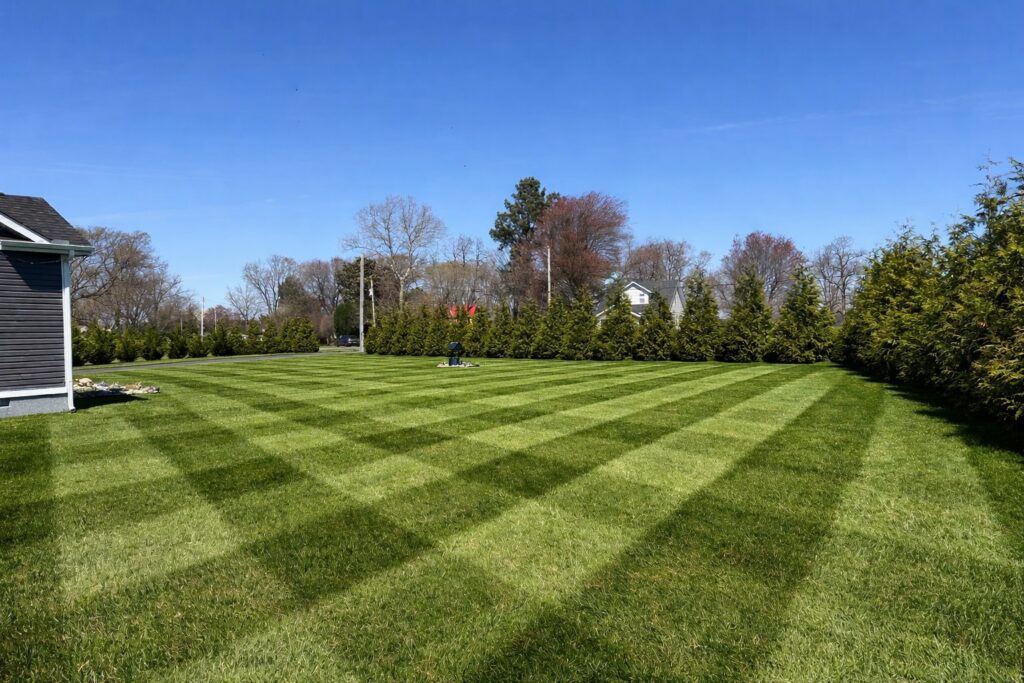 A spacious lawn expertly mowed in a checkerboard pattern, showcasing the detailed work of A & J Lawn Care LLC in Corsicana, TX.