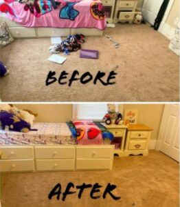 A child's bedroom before and after professional cleaning by The Blake Experience Cleaning Service in Albany, NY.