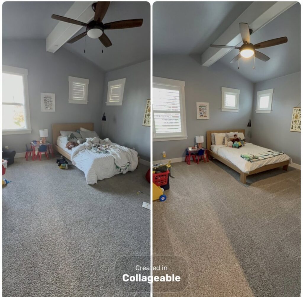 Before and after cleaning and tidying of a child's bedroom by DG Cleaning Solutions in Sacramento, CA.