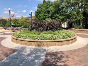 A large circular planter with diverse, well-maintained plants, showcasing garden maintenance by Mitera Landscaping in Papillion, NE.