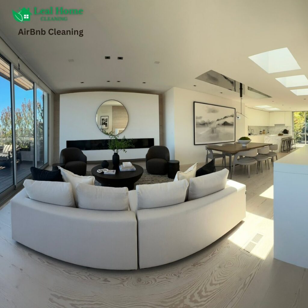 A spotless Airbnb living room and kitchen after cleaning by Leal Home Cleaning in San Francisco, CA.