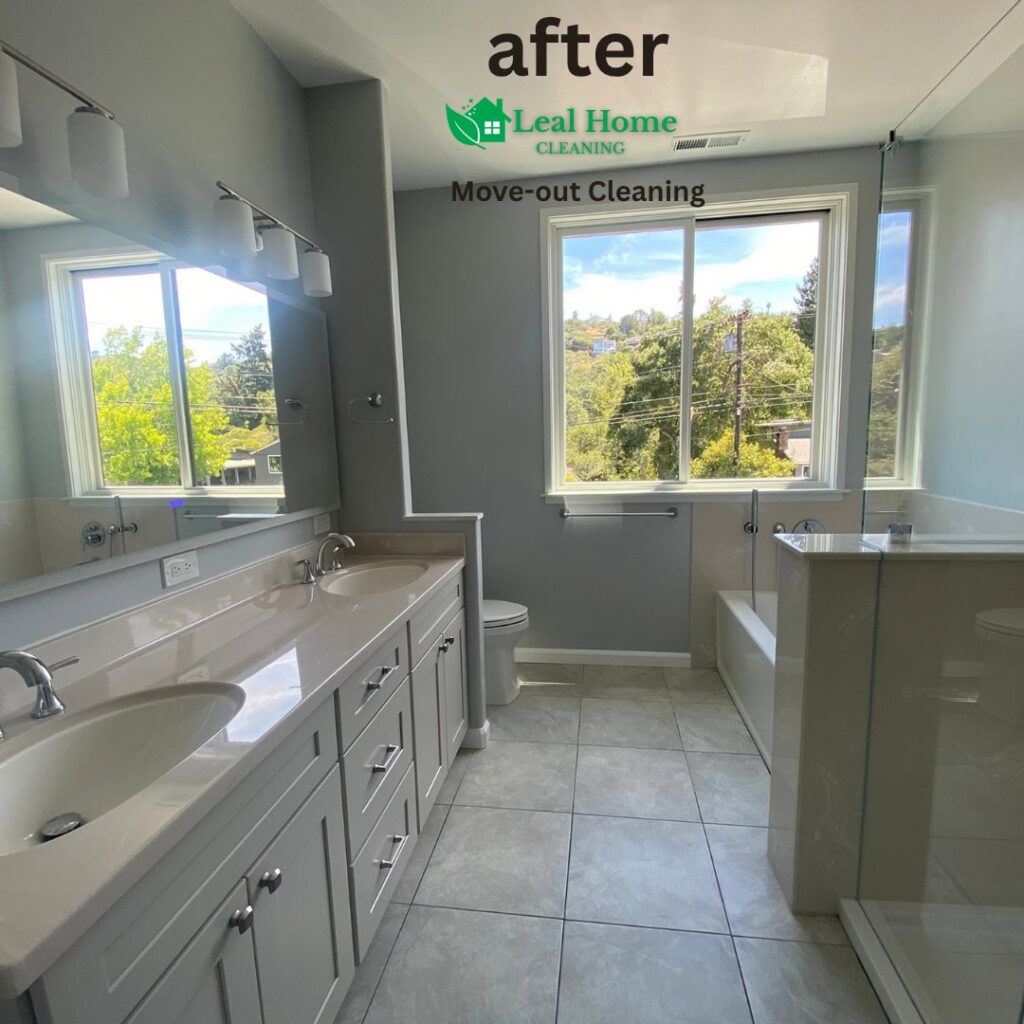 A spotless bathroom after move-out cleaning service by Leal Home Cleaning in San Francisco, CA.