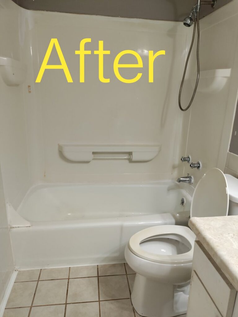 A sparkling clean bathroom with a bathtub and toilet, marked 'After' cleaning service by Mighty Mess Maid in Elizabethtown, KY.