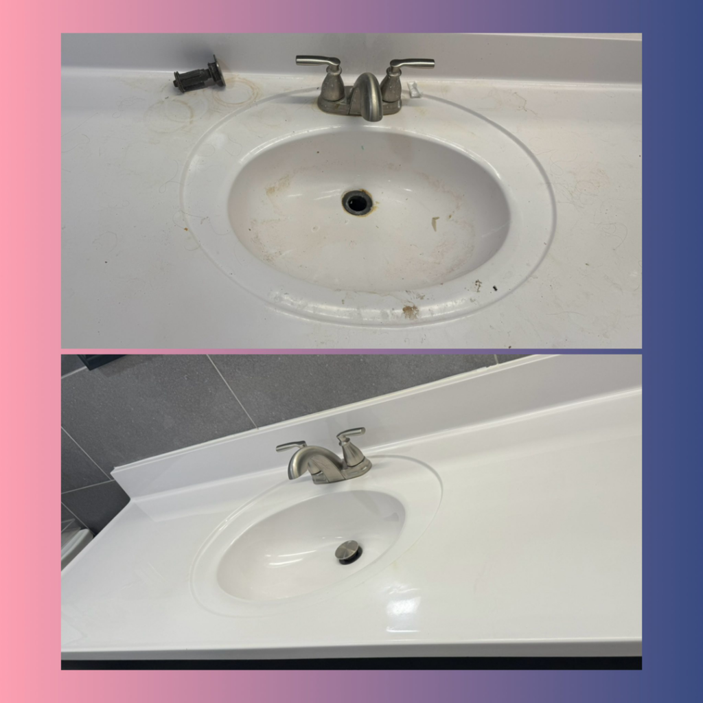 Before and after comparison of a gleaming bathroom sink and countertop cleaned by Home Sweet Home Cleaning Service in Livonia, MI.