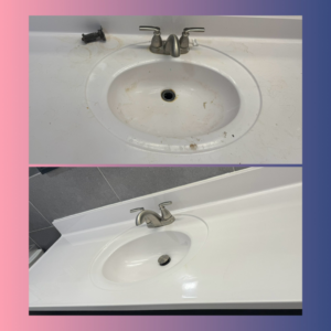 Before and after comparison of a gleaming bathroom sink and countertop cleaned by Home Sweet Home Cleaning Service in Livonia, MI.