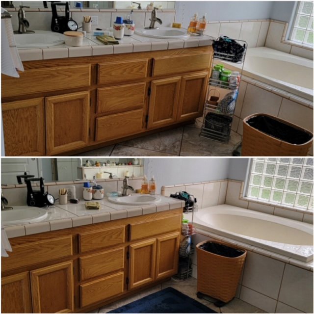 A sparkling clean bathroom vanity and bathtub area after service by Dust Bunnies Cleaning Services in Bakersfield, CA.