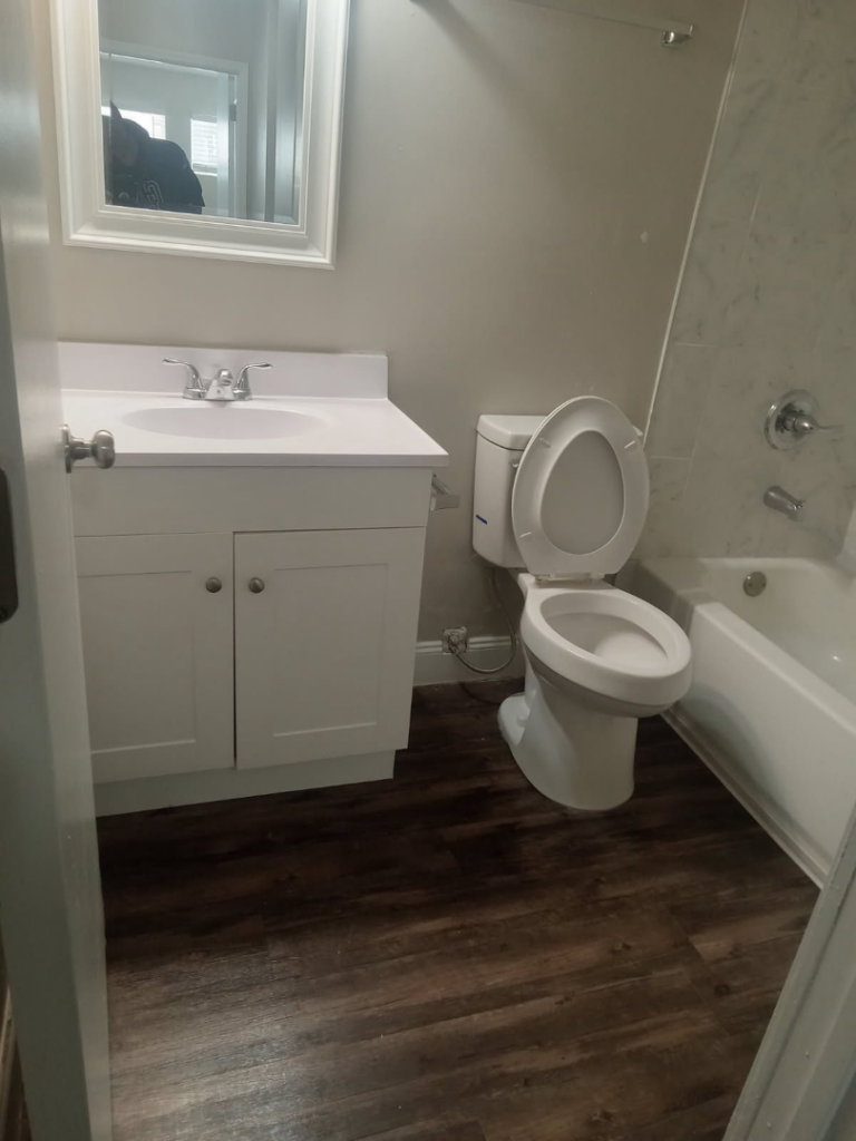 A fully cleaned bathroom featuring a sparkling vanity, toilet, and bathtub, showcasing the comprehensive services of Dacari's Helping Hands LLC in South Bend, IN.