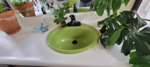 A perfectly clean green sink and faucet, showcasing the detailed work by Rachel Blume Residential Cleaning Specialist in Sheridan, WY.